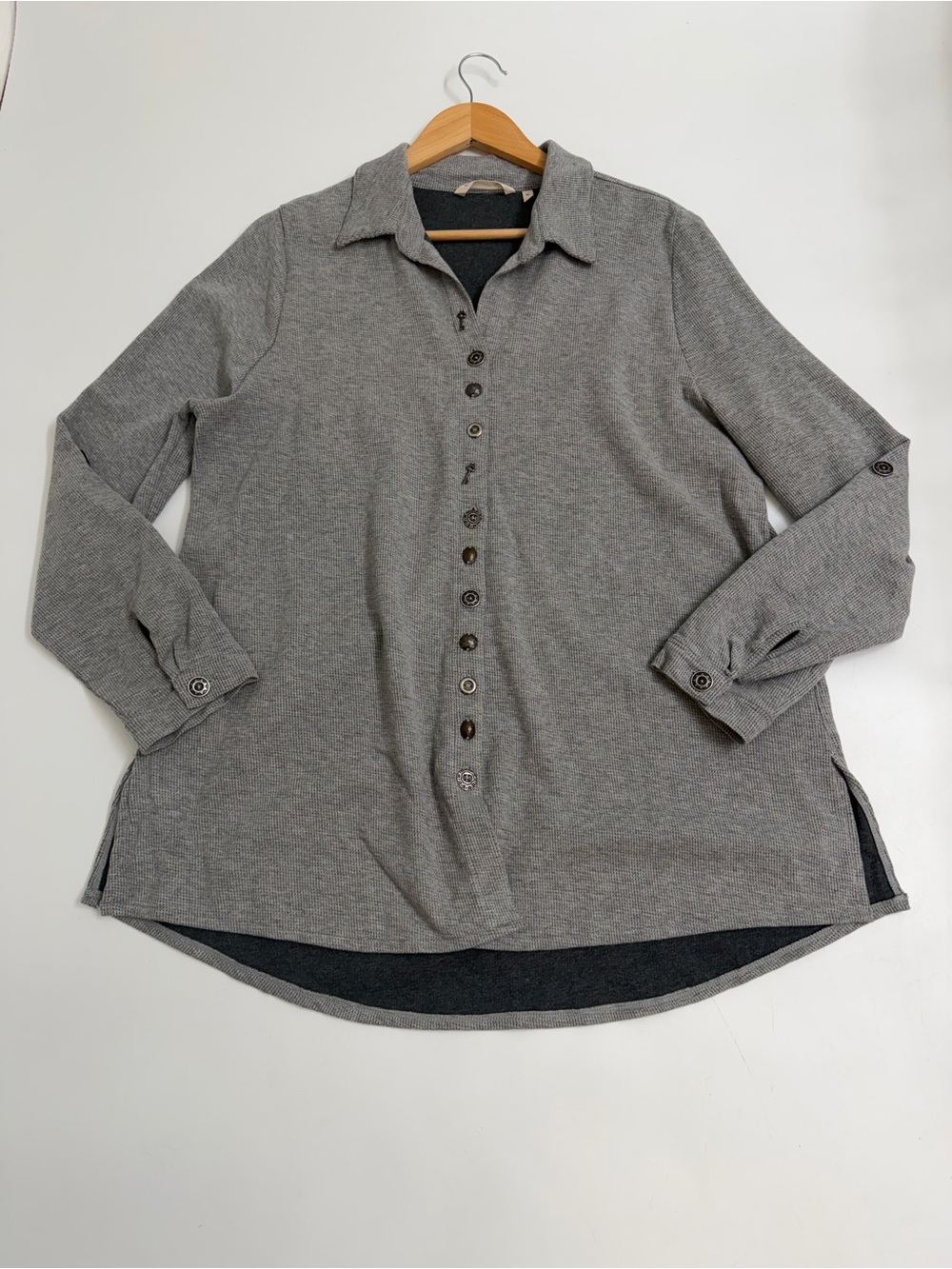 Soft Surroundings Nautical Key Charm Waffle Knit Henley Top Gray XL Boho